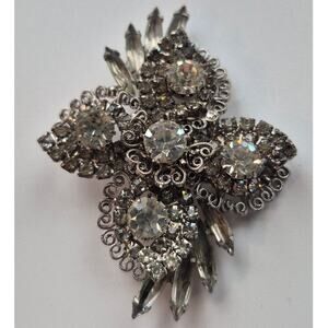 Vintage Signed HOBÉ Silver Tone Clear Rhinestone Brooch | Mid-Century Jewelry